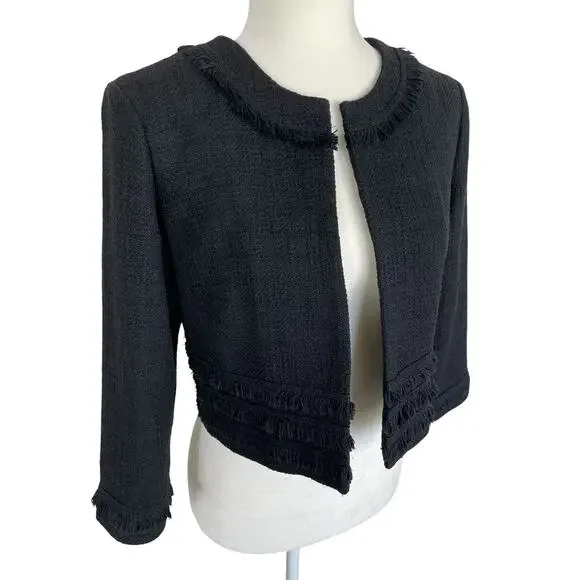 Karl Lagerfeld Paris Tweed Cropped Blazer Jacket Fringe Black Size Small Chic - Picture 2 of 15